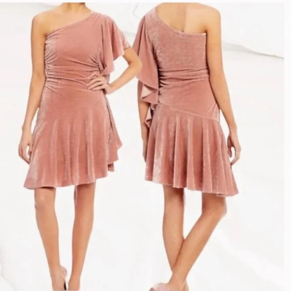 Gianni Bini Velvet Glitzy Daze One Shoulder Ruffle Dress Blush Pink Small - Picture 9 of 9